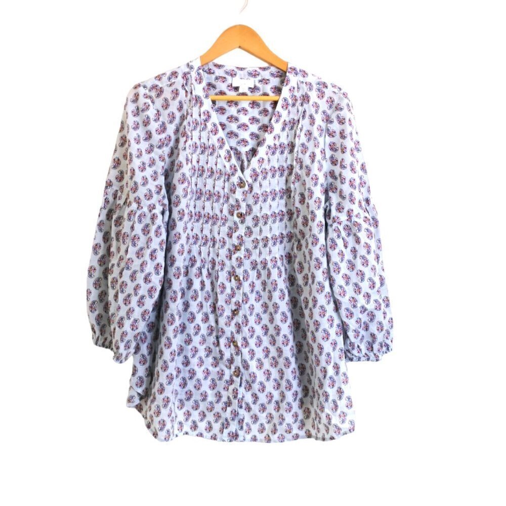 J. Jill Madeira Pintucked Paisley Print Blouse Size L Tall